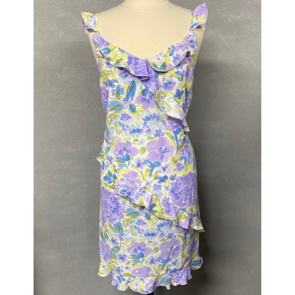 Emma & Michele Women XL Dress Floral Purple Garden Party Y2K Ruffle V-Neck VTG